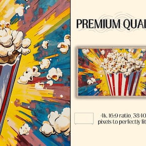 May include: A colorful abstract painting of a red and white striped popcorn bucket with popcorn spilling out. The background is a vibrant mix of yellow, blue, and pink.