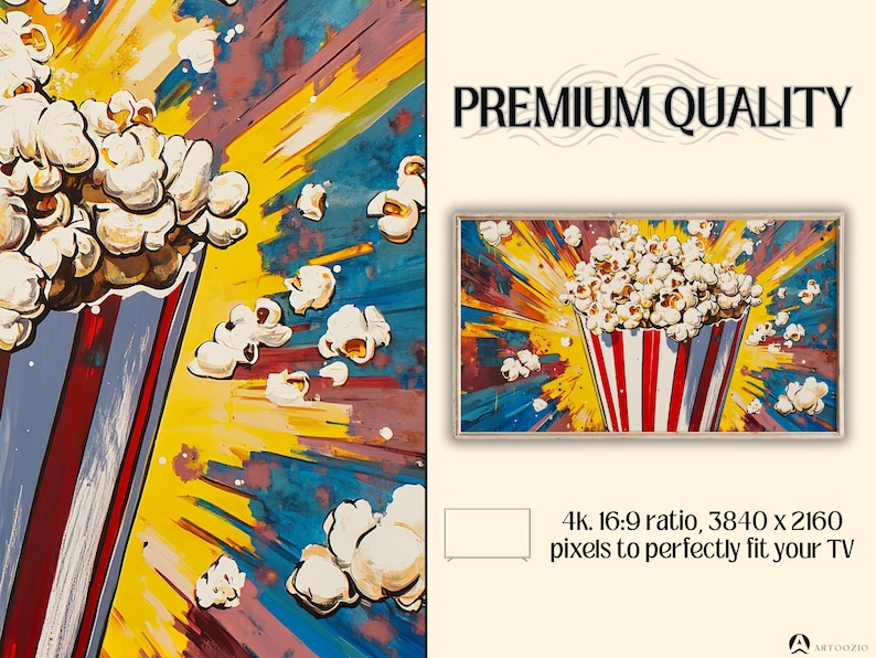 May include: A colorful abstract painting of a red and white striped popcorn bucket with popcorn spilling out. The background is a vibrant mix of yellow, blue, and pink.