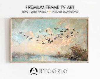 Flying Bird Flock Spring Frame TV Art, Vintage Style Landscape Painting Muted Country Farmhouse Scenery Rustic Summer Samsung TV Screensaver