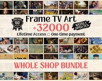 Może przedstawiać: Kolaż różnych obrazów, w tym znanych dzieł, takich jak Gwiezdna Noc i Wielka Fala w Kanagawie. Na obrazie widnieje tekst "Frame TV Art + 32000 WEEKLY UPDATES Lifetime Access One-time payment WHOLE SHOP BUNDLE".