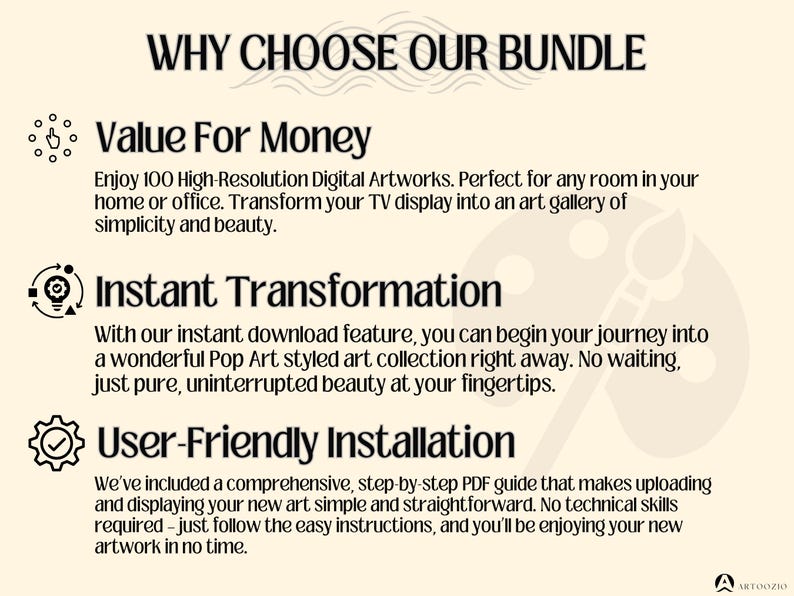 May include: A graphic with the text "WHY CHOOSE OUR BUNDLE" at the top. The graphic lists three reasons to choose a bundle: Value for Money, Instant Transformation, and User-Friendly Installation. Each reason is accompanied by an icon and a brief description.