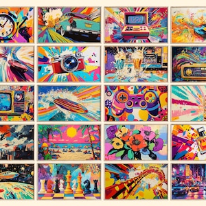 May include: A collage of 16 colorful, abstract paintings featuring various objects, including a vintage alarm clock, a camera, a surfboard, a video game controller, a bottle of perfume, a chessboard, and a cityscape.