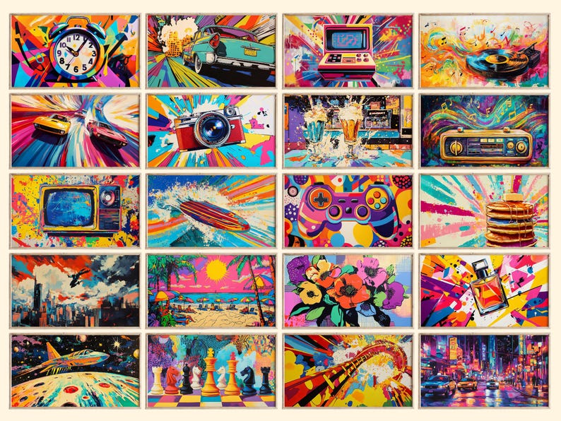 May include: A collage of 16 colorful, abstract paintings featuring various objects, including a vintage alarm clock, a camera, a surfboard, a video game controller, a bottle of perfume, a chessboard, and a cityscape.