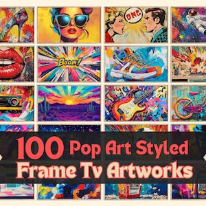 May include: A collection of 100 pop art styled framed TV artworks. The artworks feature a variety of colorful and abstract designs, including a red lip, a woman with sunglasses, a sunset landscape, a guitar, a bicycle, and a cassette tape.
