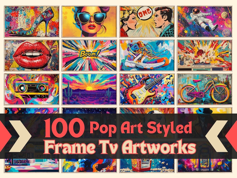 May include: A collection of 100 pop art styled framed TV artworks. The artworks feature a variety of colorful and abstract designs, including a red lip, a woman with sunglasses, a sunset landscape, a guitar, a bicycle, and a cassette tape.