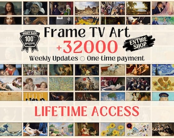 Może przedstawiać: Kolaż ponad 32 000 dzieł sztuki, w tym słynne obrazy, takie jak Gwiezdna Noc i Wielka Fala w Kanagawie. Tekst "Frame TV Art + 32000" jest wyświetlany na czerwono i biało, a pod nim znajdują się słowa "Aktualizacje tygodniowe" i "Jednorazowa płatność". Tekst "DOŻYWOTNI DOSTĘP" jest wyświetlany na czerwono i biało na dole obrazu.