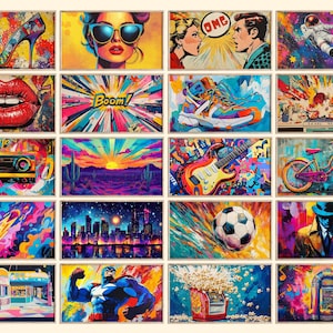 May include: A collage of 16 colorful images with various themes, including a woman with sunglasses, a red lip, a sunset, a guitar, a cityscape, a jukebox, a popcorn machine, and a spaceman.
