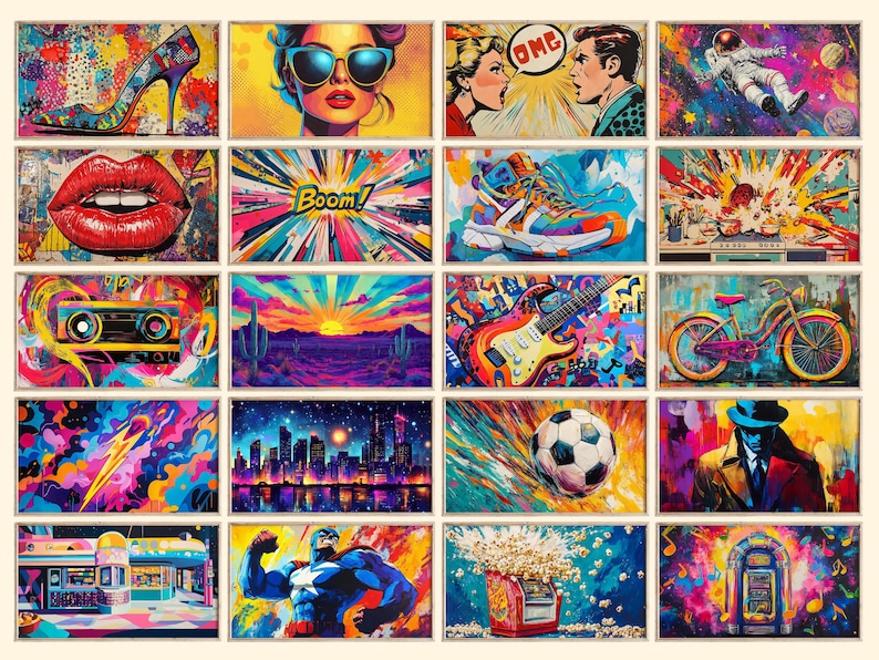 May include: A collage of 16 colorful images with various themes, including a woman with sunglasses, a red lip, a sunset, a guitar, a cityscape, a jukebox, a popcorn machine, and a spaceman.