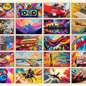 May include: A collage of 15 colorful, abstract paintings. Each painting features a different subject, including a retro phone, a boombox, a hot dog, a cityscape, a superhero, a cupcake, a tennis racket, a surfboard, a tower, a suitcase, a plane, and a smartphone.