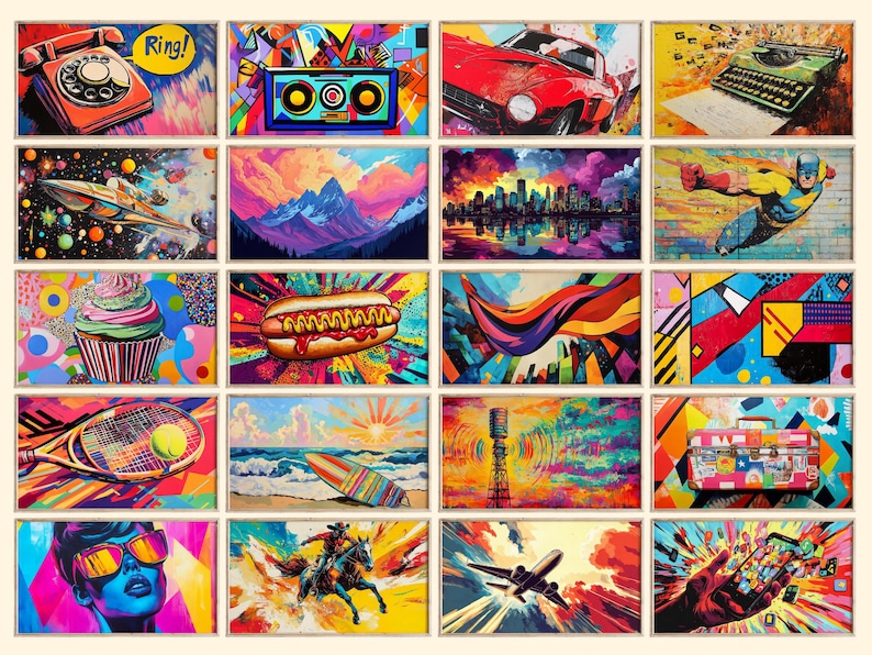 May include: A collage of 15 colorful, abstract paintings. Each painting features a different subject, including a retro phone, a boombox, a hot dog, a cityscape, a superhero, a cupcake, a tennis racket, a surfboard, a tower, a suitcase, a plane, and a smartphone.