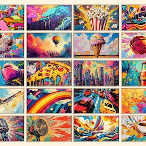 May include: A collection of 16 colorful paintings featuring various themes, including a rainbow, a cityscape, a hot air balloon, a pizza, a microphone, a fan, a popcorn bucket, a basketball, a musical note, a city skyline, a bottle of soda, a plane, a ice cream cone, a boxing glove, and a coffee cup.