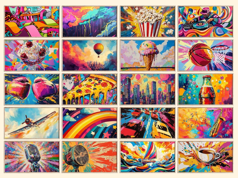 May include: A collection of 16 colorful paintings featuring various themes, including a rainbow, a cityscape, a hot air balloon, a pizza, a microphone, a fan, a popcorn bucket, a basketball, a musical note, a city skyline, a bottle of soda, a plane, a ice cream cone, a boxing glove, and a coffee cup.
