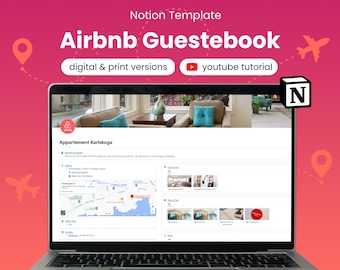 Modelo de livro de visitas do anfitrião do Airbnb Notion, versões digitais e para impressão, modelo completo, painel do Notion, envie todas as informações em 1 clique