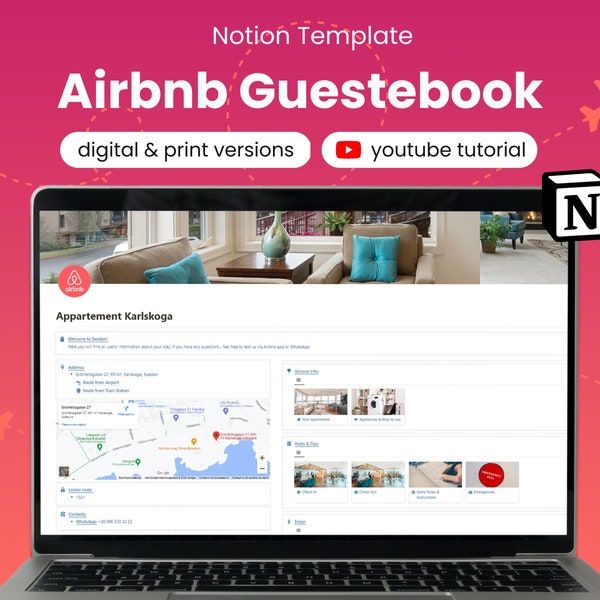 Airbnb Host Guestbook Notion Template, Digital & Printable versions, All in one template, Notion dashboard, Send all info in 1 click