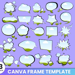 May include: A set of 23 colorful speech bubble frames in various shapes and sizes, perfect for adding a comic book style to your designs. The frames are on a purple background.