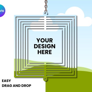 May include: A square-shaped metal wind chime with multiple layers, hanging from a chain. The chime is against a blue sky background with a white cloud. The text "YOUR DESIGN HERE" is in the center of the chime.