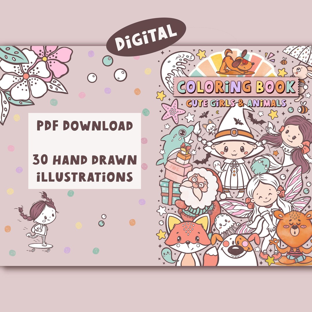 Printable Coloring Book for Kids – 30 Hand-drawn Cute Girls, Animals ...