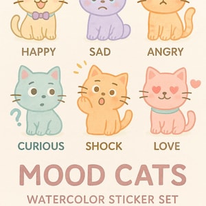 Mood Cats - Watercolor Digital Stickers- 6 Emotions- Cute cat PNG set for Digital Planners