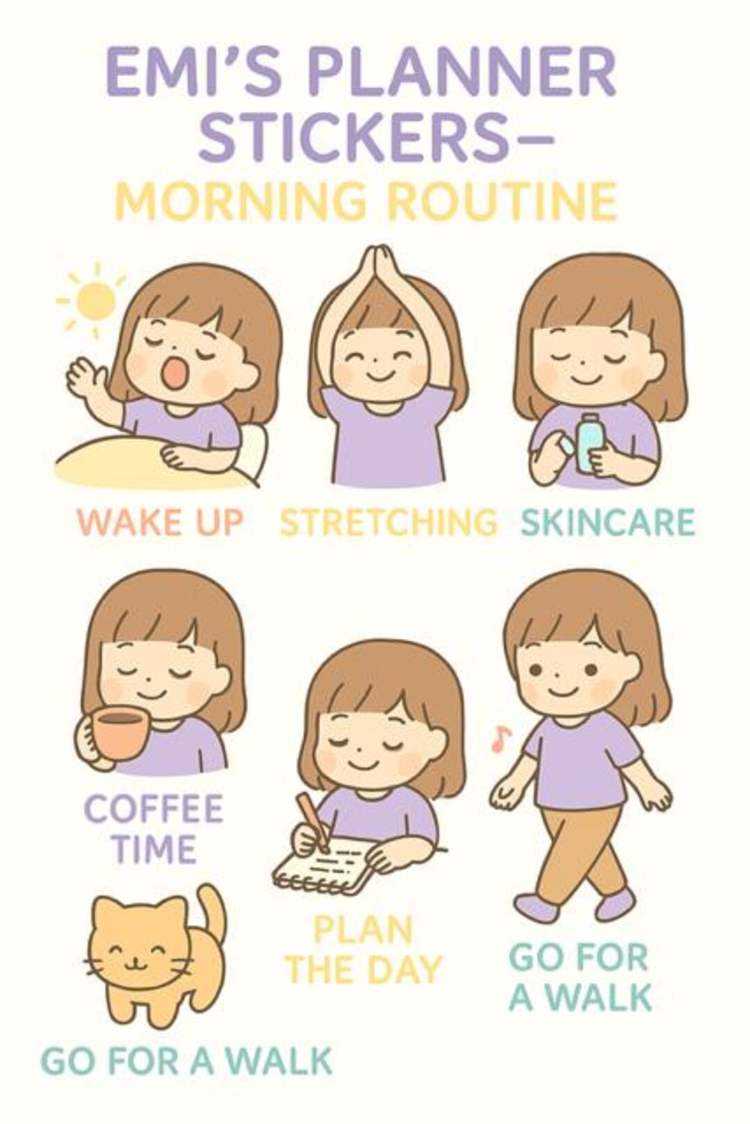 Kawaii Routine Emi - Morning Routine Stickerset , Kawaii Girl Stickers for Planner ...