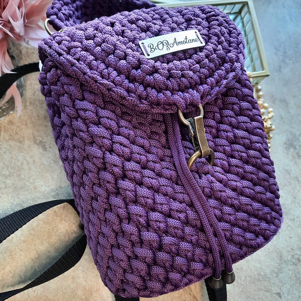 Crochet Backpack womens girs,  handmade, plecak kobieta dziewczyna mały kompaktowy, ze sznurka na szydełku, podszewka