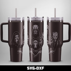 May include: Three dark brown travel mugs with black handles, each featuring a white graphic of Star Wars villains. The mugs have clear lids and white straws. The text "SVG-DXF" is at the bottom.