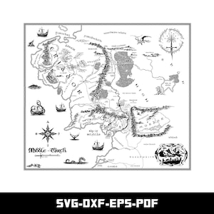 May include: Black and white map of Middle-earth, featuring detailed illustrations of landscapes, cities, and geographical features. Includes text labels and decorative borders. The map is a detailed depiction of the fictional world.