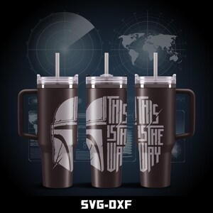 May include: Three stainless steel tumblers with lids and straws. The tumblers are black with a white graphic of a Mandalorian helmet and the text "This is the way".
