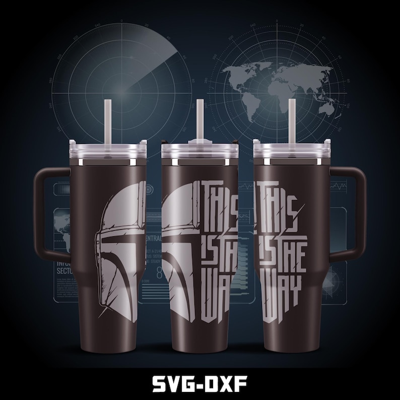 May include: Three stainless steel tumblers with lids and straws. The tumblers are black with a white graphic of a Mandalorian helmet and the text "This is the way".