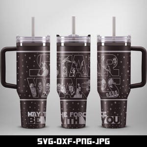 May include: Three stainless steel tumblers with black lids and handles. Each tumbler features a different Star Wars design with the text "May the Force Be With You" on the bottom of the tumbler.