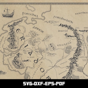 May include: A vintage-style map with intricate details, featuring landmasses, mountains, and bodies of water. The map is in sepia tones with black line art, and includes text such as "Forochel" and "Ered Mithrin". The bottom of the image has the text "SVG-DXF-EPS-PDF".