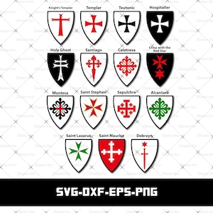 May include: A collection of shield designs featuring various crosses and emblems, including the Knight's Templar and Teutonic crosses. The shields are in red, black, white, and green. The text "SVG-DXF-EPS-PNG" is at the bottom.
