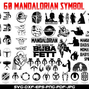 May include: A black and white digital download of 60 Mandalorian symbols. The symbols include the Mandalorian helmet, the Child, the words "This is the way", and other symbols from the Star Wars series.