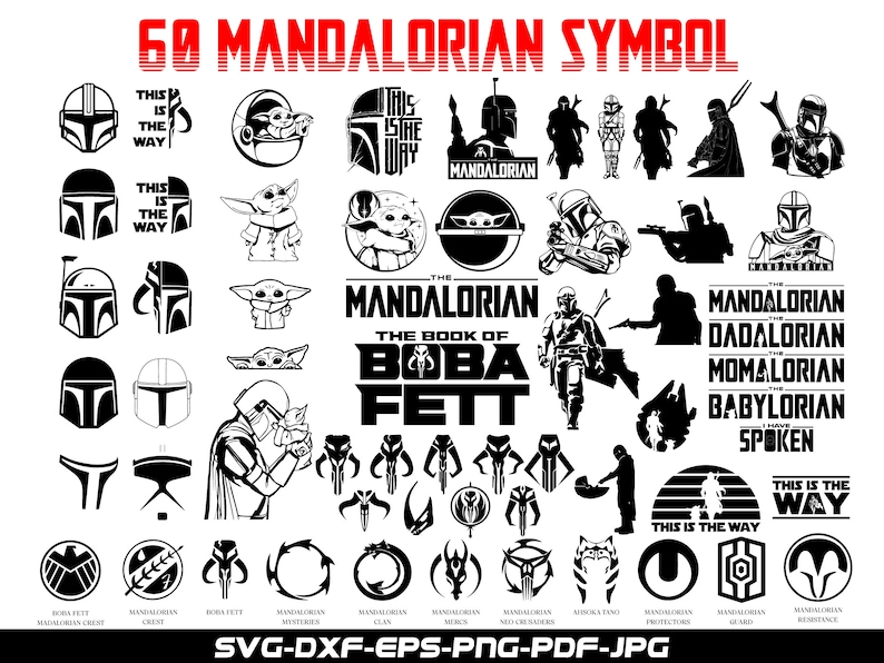 May include: A black and white digital download of 60 Mandalorian symbols. The symbols include the Mandalorian helmet, the Child, the words "This is the way", and other symbols from the Star Wars series.