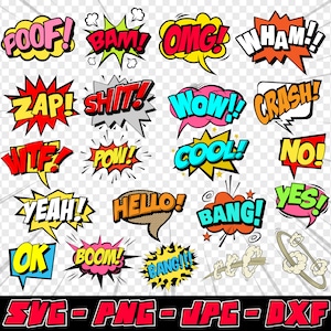 Comic Colorful Action Speech Bubbles Collection SVG, DXF, PNG, Jpg, Cut file for Cricut and Silhouette, Digital Download, Instant Download