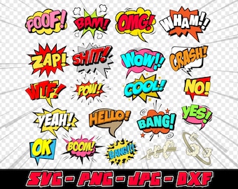 May include: A collection of colorful comic book speech bubbles with various words and phrases, including "POOF!" "BAM!" "OMG!" "WHAM!" "ZAP!" "SHIT!" "WOW!" "CRASH!" "WTF!" "POW!" "COOL!" "NO!" "YEAH!" "HELLO!" "BANG!" "YES!" "OK" "BOOM!" and "BANG!!".