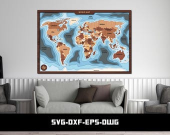 Layered World Map Laser Cut File – Topographic CNC SVG Design (Digital Download)