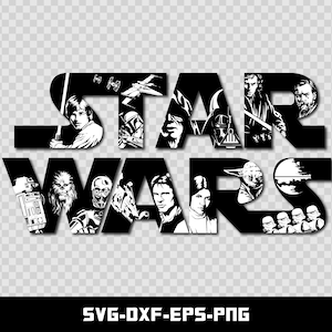 Könnte beinhalten: Schwarzweißes Silhouettenbild des Star Wars-Logos mit Charakteren aus der Filmreihe, darunter Darth Vader, Yoda, Chewbacca, R2-D2 und andere.
