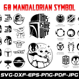 May include: A set of 60 black and white Mandalorian symbol SVG cut files. The symbols include the Mandalorian crest, the Child, and the words "This is the way".