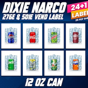 May include: A set of 24+1 printable labels for 12 oz cans. The labels feature various popular soda brands, including Pepsi, Coca-Cola, Mountain Dew, Dr Pepper, Sprite, Brisk, 7 Up, and Fanta. The labels are designed for use with a 276E or 501E vending machine. The labels are available as a 25-page PDF download.