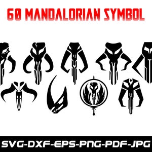 May include: A set of 10 black and white Mandalorian symbol SVG cut files. The symbols are in various styles, including a circular symbol with a helmet inside.