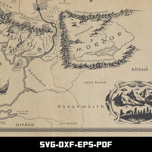 May include: A detailed map of a fantasy world, featuring intricate line drawings of mountains, rivers, and settlements. The map is in sepia tones, with text labels in a stylized font. A ship sails on the sea. The text "SVG-DXF-EPS-PDF" is at the bottom.