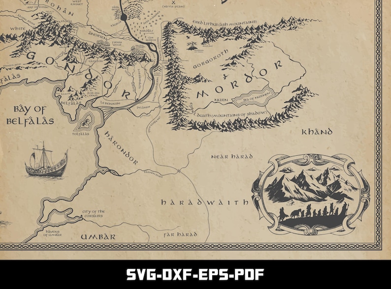 May include: A detailed map of a fantasy world, featuring intricate line drawings of mountains, rivers, and settlements. The map is in sepia tones, with text labels in a stylized font. A ship sails on the sea. The text "SVG-DXF-EPS-PDF" is at the bottom.