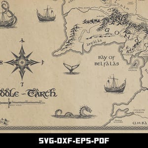 May include: A detailed map of Middle-earth, featuring nautical illustrations of ships, sea creatures, and a compass rose. The map is in sepia tones with text labels and a scale in miles. The bottom of the image has the text "SVG-DXF-EPS-PDF".