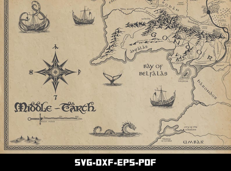 May include: A detailed map of Middle-earth, featuring nautical illustrations of ships, sea creatures, and a compass rose. The map is in sepia tones with text labels and a scale in miles. The bottom of the image has the text "SVG-DXF-EPS-PDF".