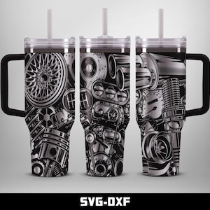 May include: Three stainless steel tumblers with black handles and lids, each featuring a detailed grayscale design of car engine components. The design includes pistons, gears, and a speedometer. The text "SVG-DXF" is at the bottom.