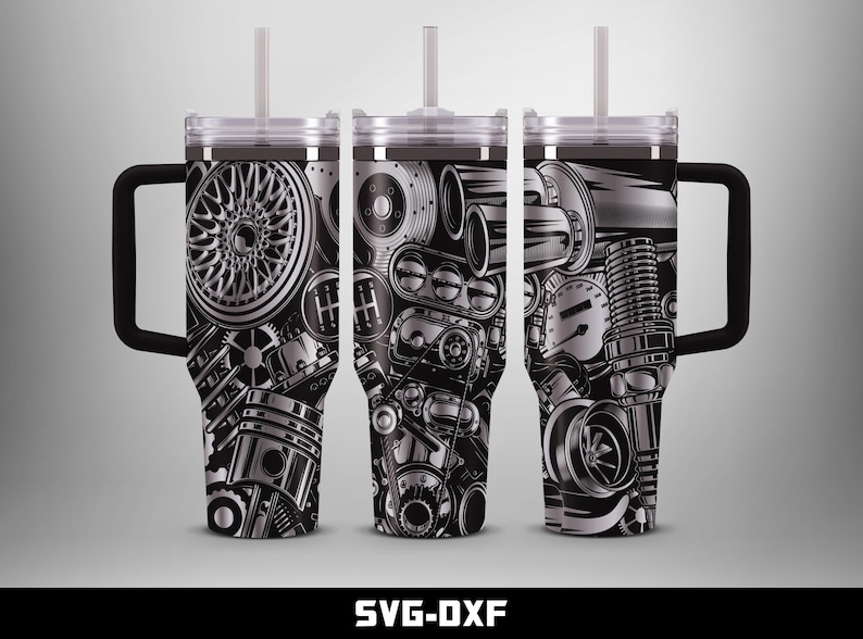 May include: Three stainless steel tumblers with black handles and lids, each featuring a detailed grayscale design of car engine components. The design includes pistons, gears, and a speedometer. The text "SVG-DXF" is at the bottom.