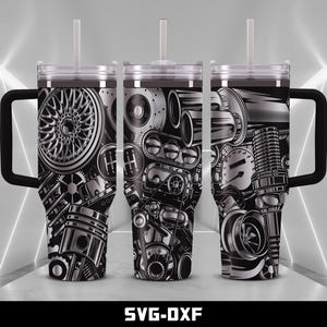 May include: Three stainless steel travel mugs with black handles and lids, each featuring a detailed monochrome design of car engine components. The mugs include a straw and the text "SVG-DXF" at the bottom.