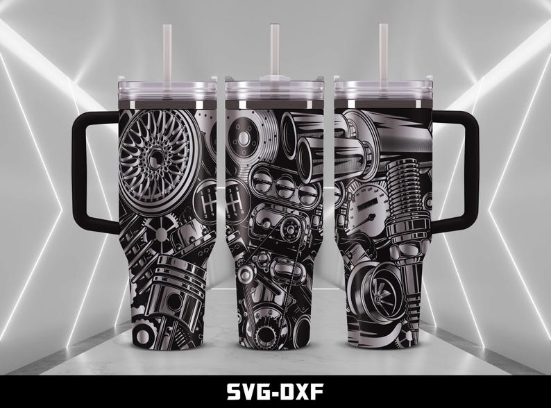May include: Three stainless steel travel mugs with black handles and lids, each featuring a detailed monochrome design of car engine components. The mugs include a straw and the text "SVG-DXF" at the bottom.