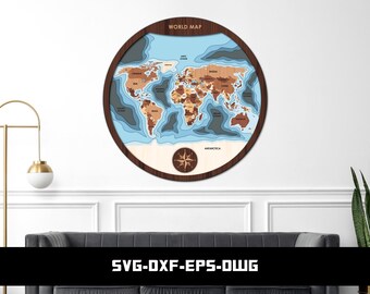 Layered Round World Map SVG – Topographic Laser Cut File (Digital Download)