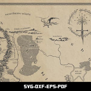 May include: A detailed map of a fantasy world, featuring mountains, forests, and bodies of water. The map is in sepia tones with black line art, and includes text such as "Northern Waste" and "Sea of Rh&ucirc;n". The image also includes a dragon and a sword.
